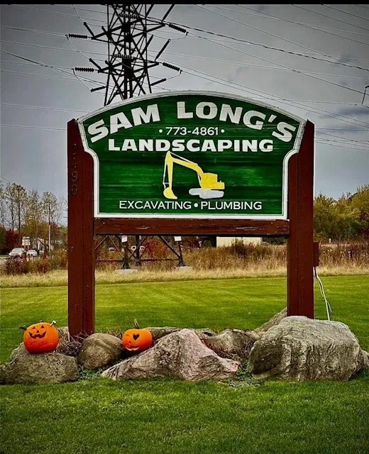 Sam Long's Landscaping, Excavating & Plumbing business sign on Grand Island NY